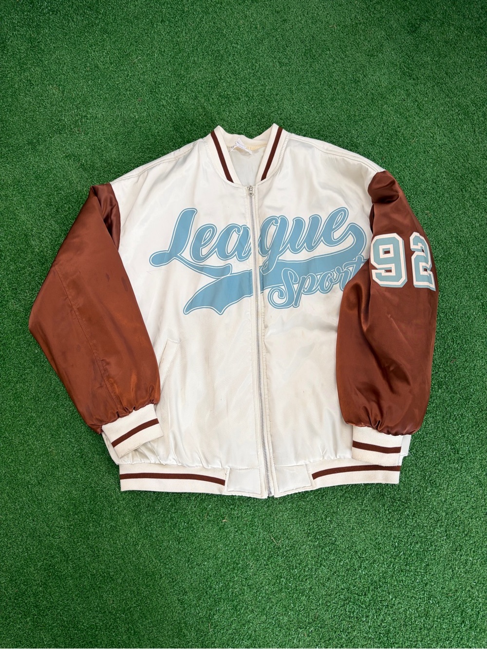League Sport Men's White & Brown Varsity Bomber Jacket